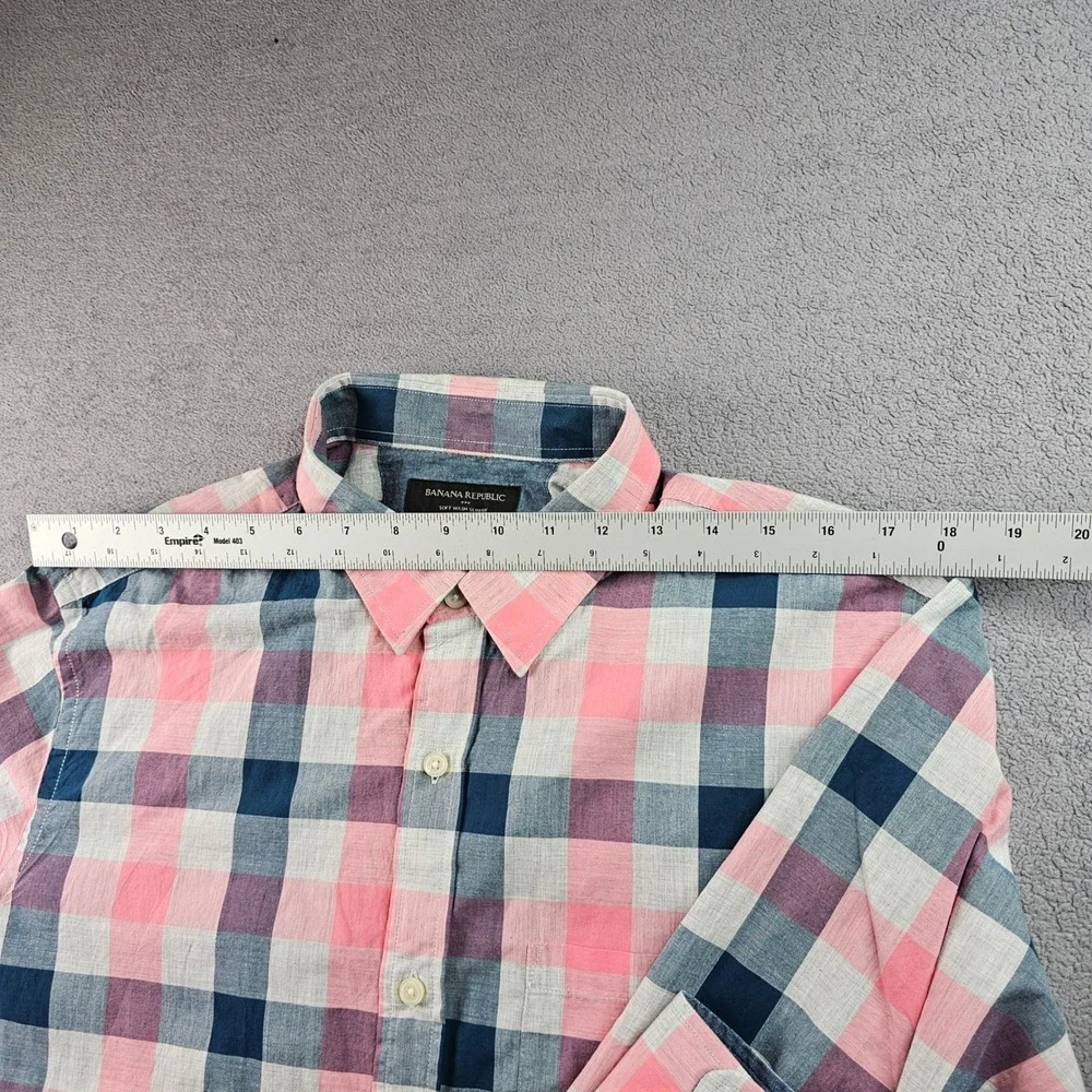 Banana Republic‎ Shirt Men's Large Blue Pink Plaid Soft Wash Slim Fit Button-Up